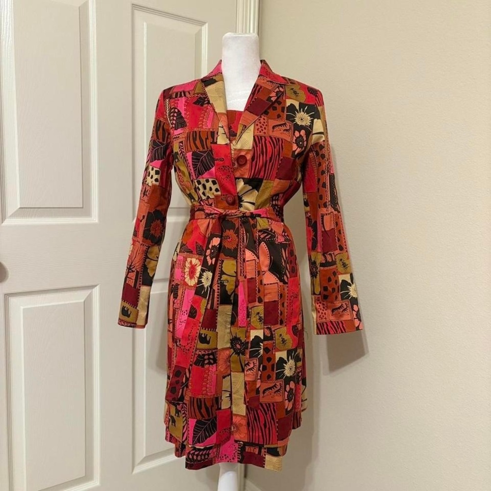 Vintage 80s sz 6 pink red safari animal mini dress with trench jacket